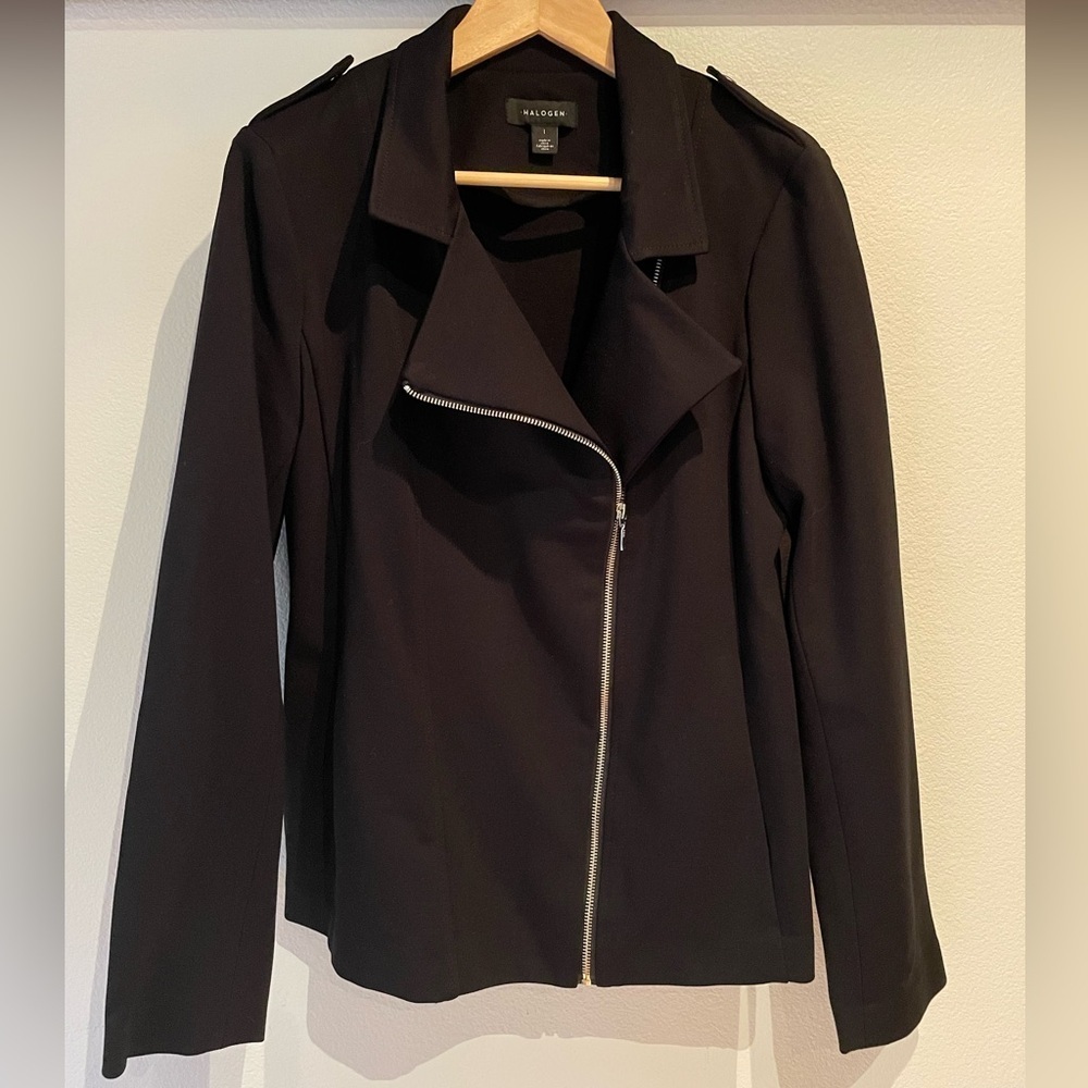 Halogen Asymmetrical Collared Zip Jacket with Pockets, Black, Size L